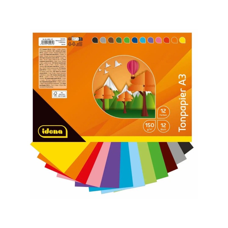 Idena Tonzeichenpapier 150 g/m² · DIN A3 · 12 Blatt in 12 Farben