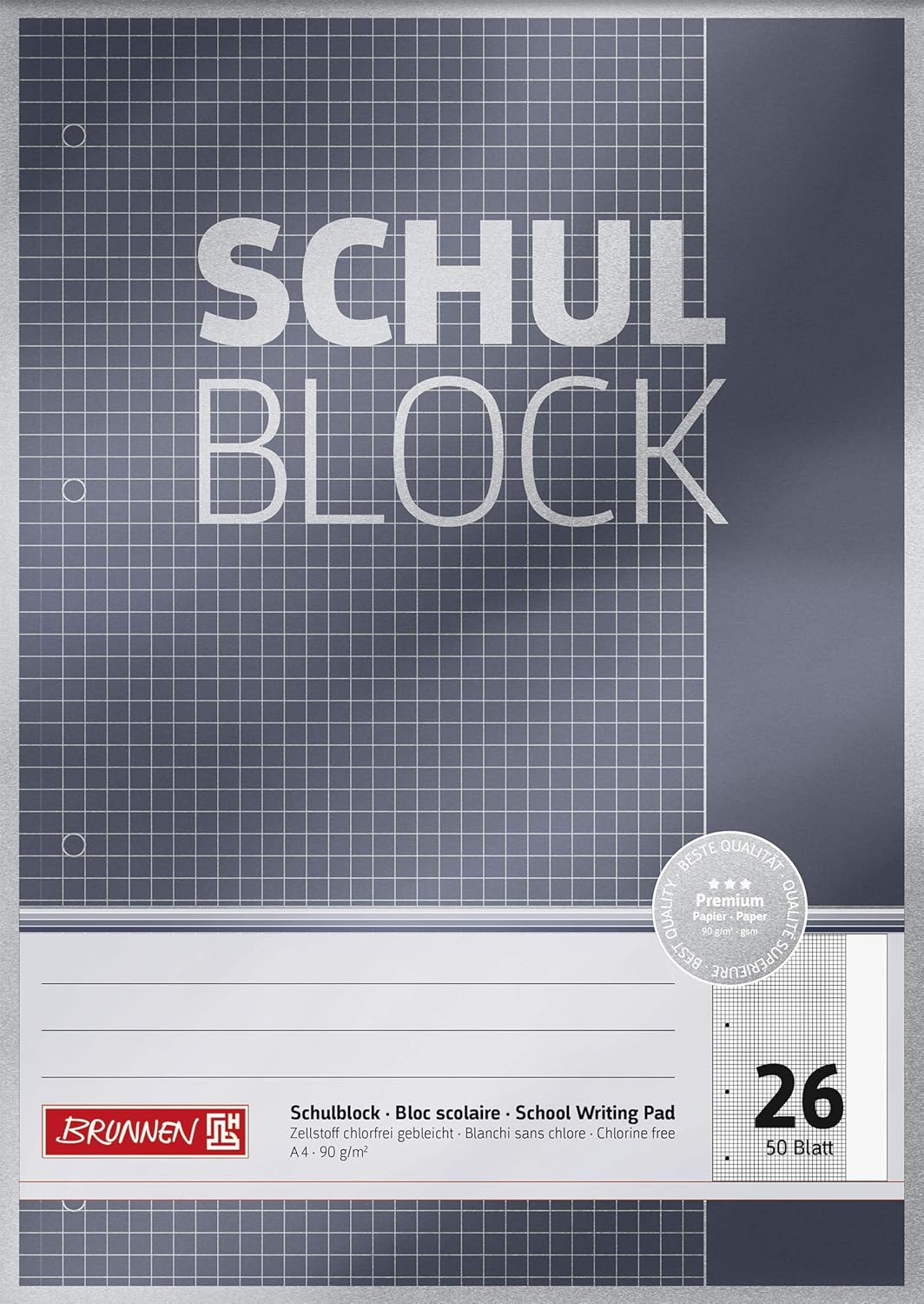 Schulblock Premium | A4, Lineatur 26, 50 Blatt, grau