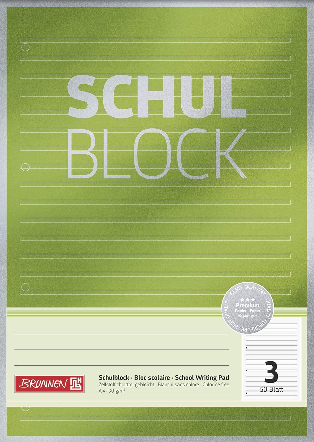 Schulblock Premium | A4, Lineatur 3, 50 Blatt, grün