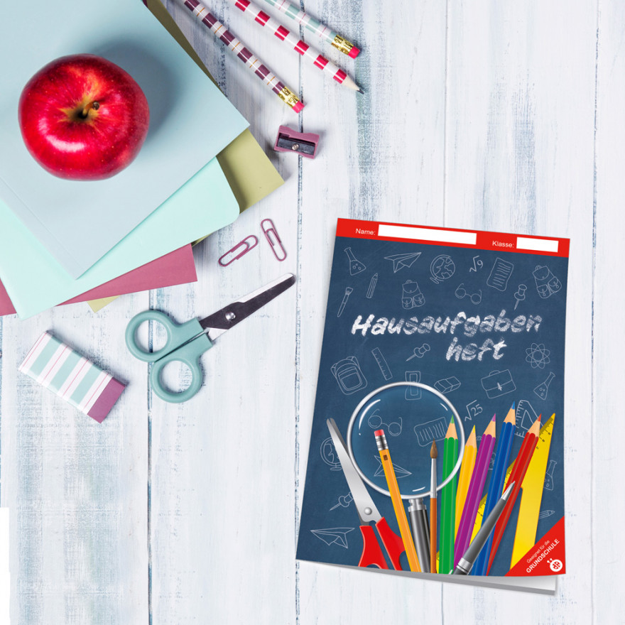 Hausaufgabenheft Grundschule Tafel blau, mit farbig hinterlegten Wochentagen