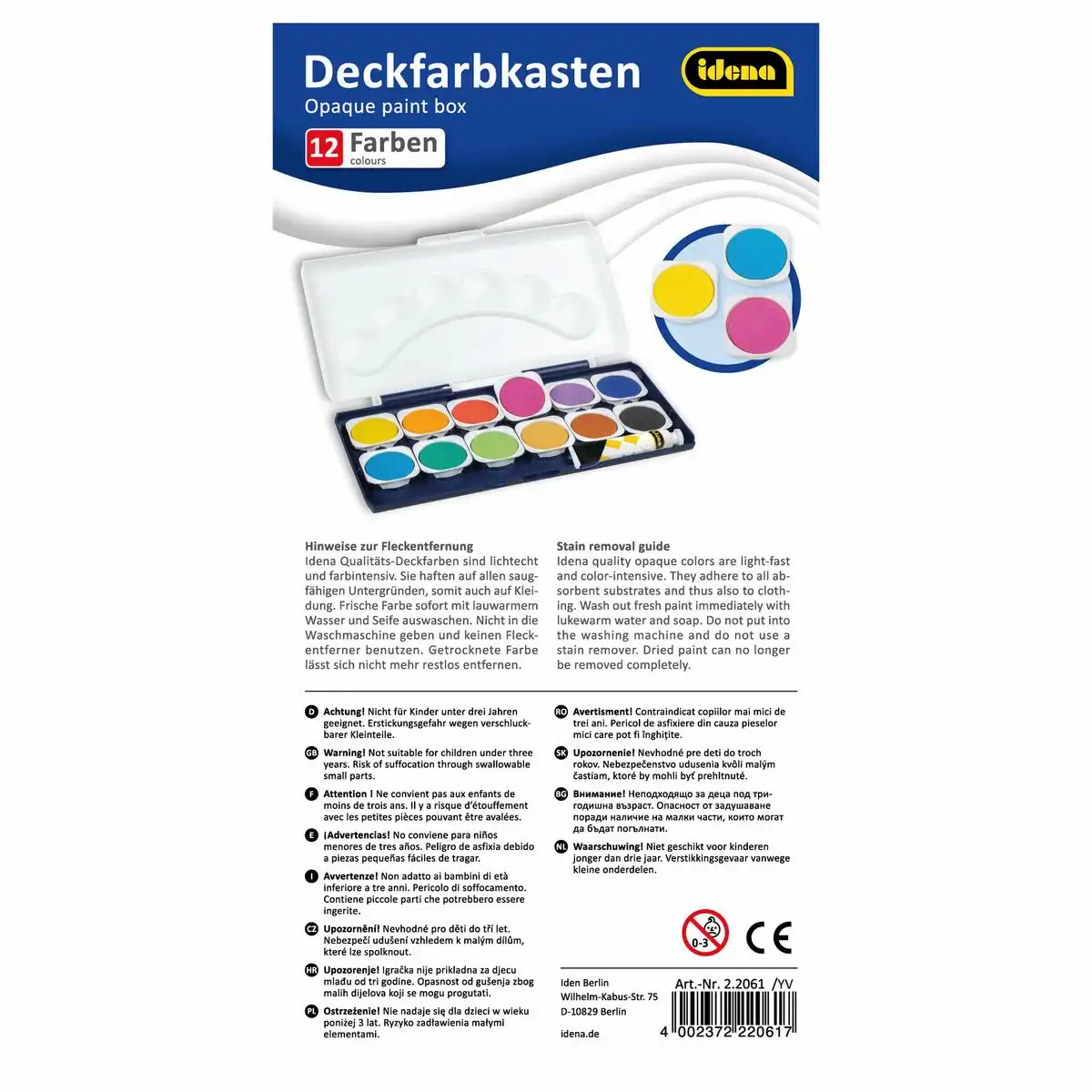 Idena Deckfarbkasten 12 Farben und 1 Tube Deckweiß