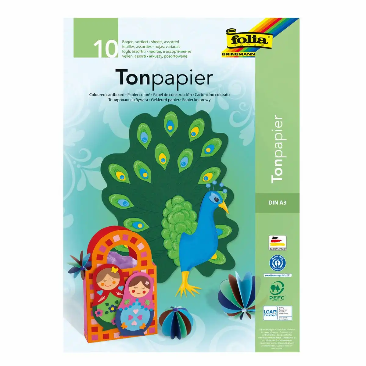 folia Tonzeichenpapier 130g/m² 10 Farben matt DIN A3 10 Blatt