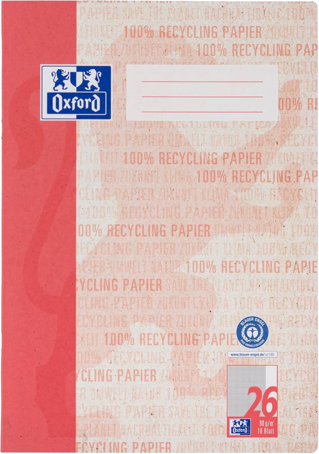OXFORD Recycling Schulheft A4 16 Blatt Lineatur 26 kariert