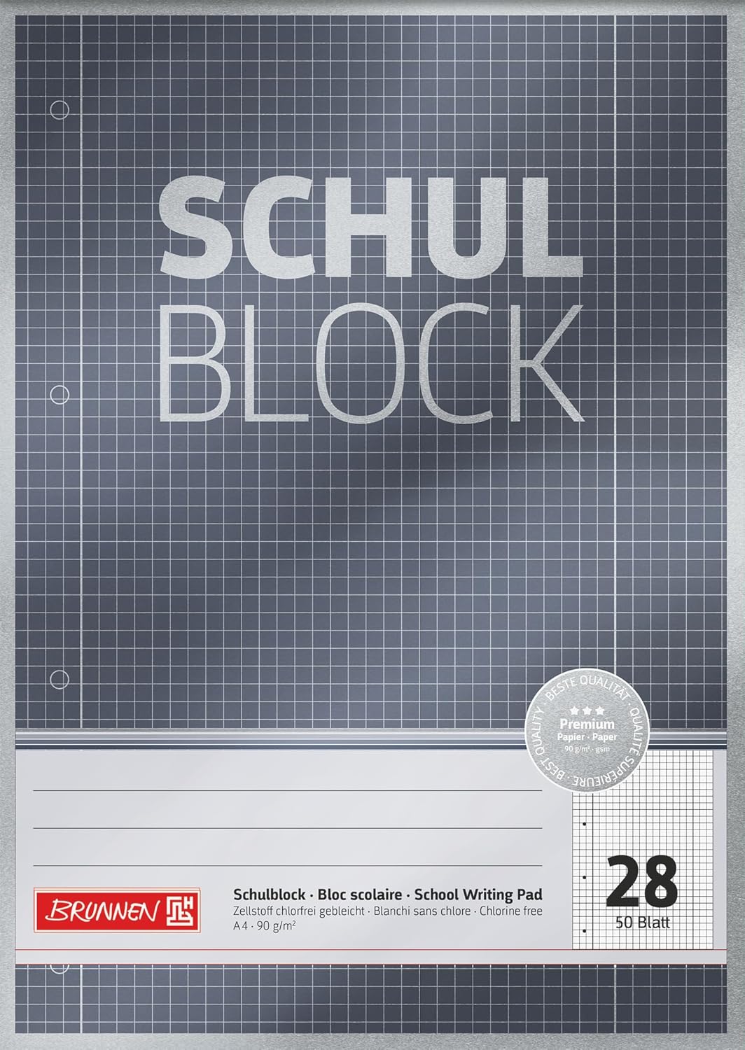 Schulblock Premium | A4, Lineatur 28, 50 Blatt, grau