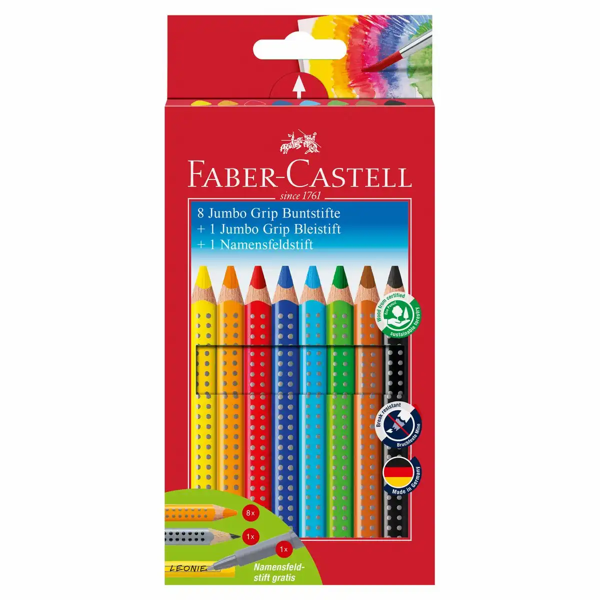 FABER-CASTELL Buntstifte Jumbo Grip Set 8 Farben + 1 Bleistift + 1 Namensfeldstift