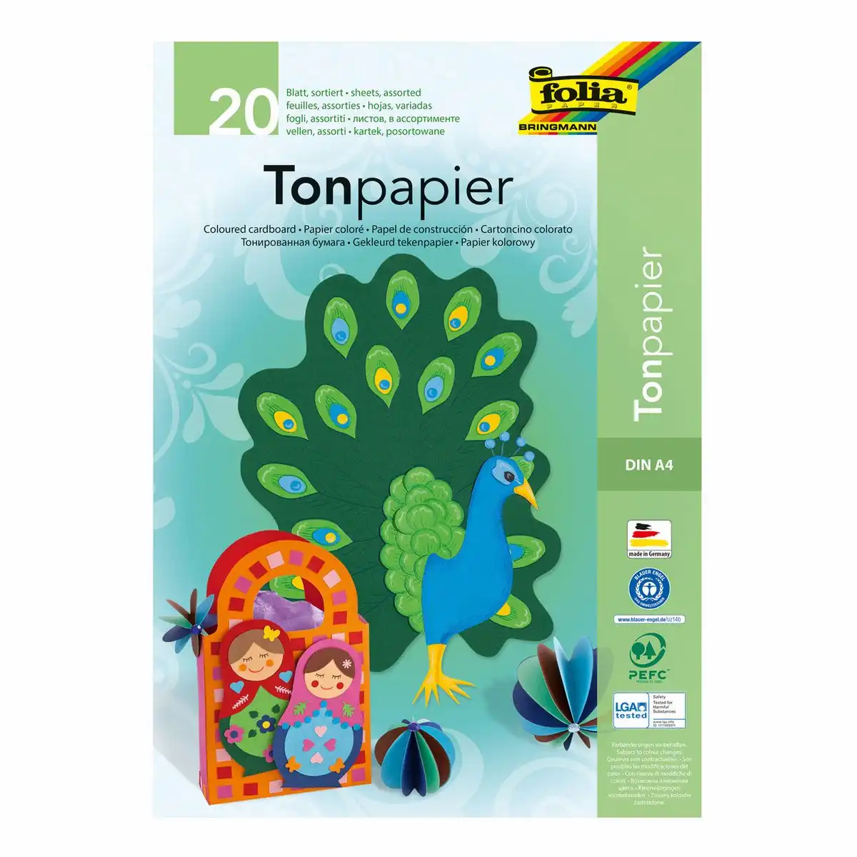 folia Tonzeichenpapier 130g/m² 10 Farben matt DIN A4 20 Blatt