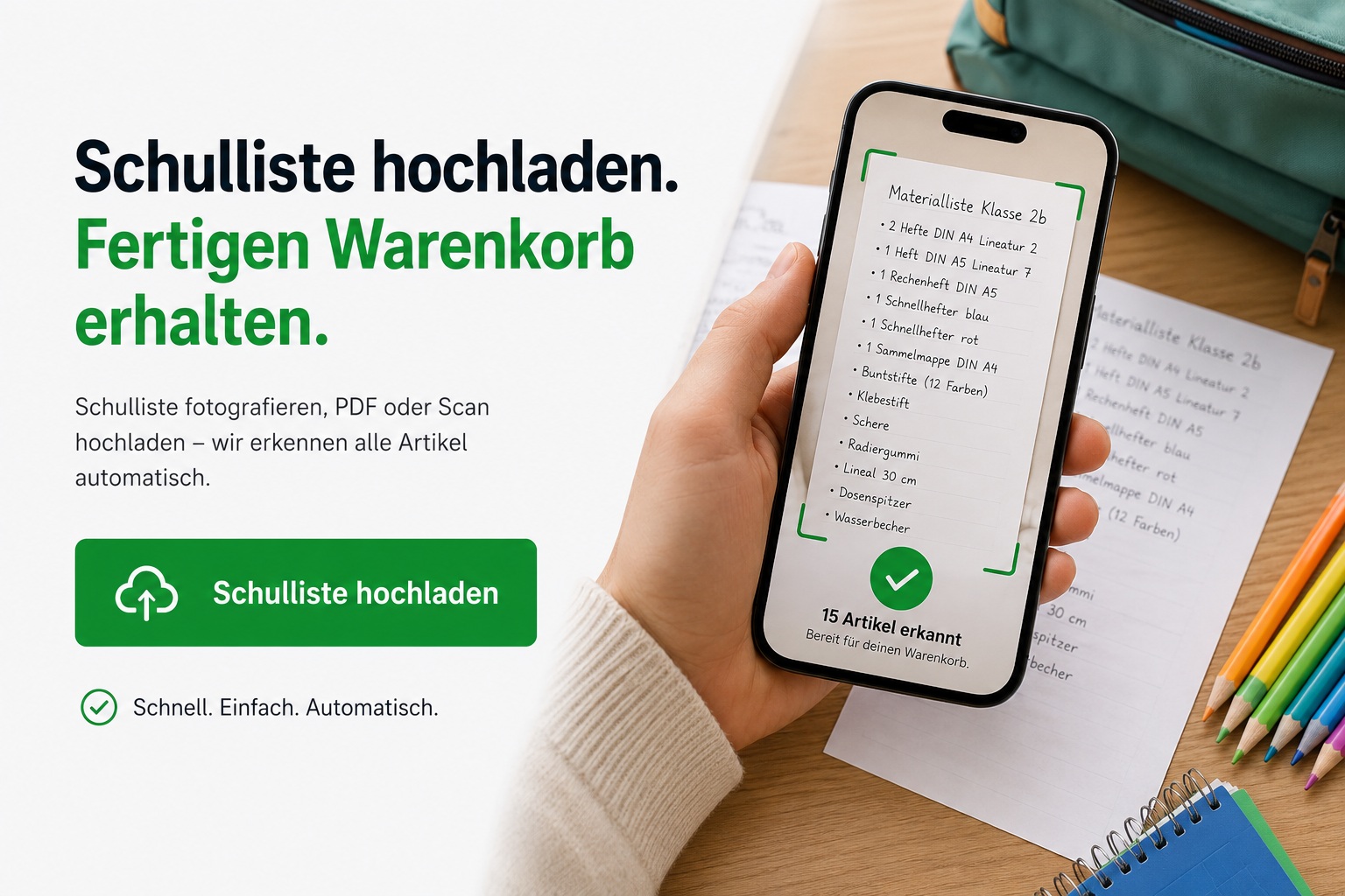 Schulliste hochladen und fertigen Warenkorb erhalten