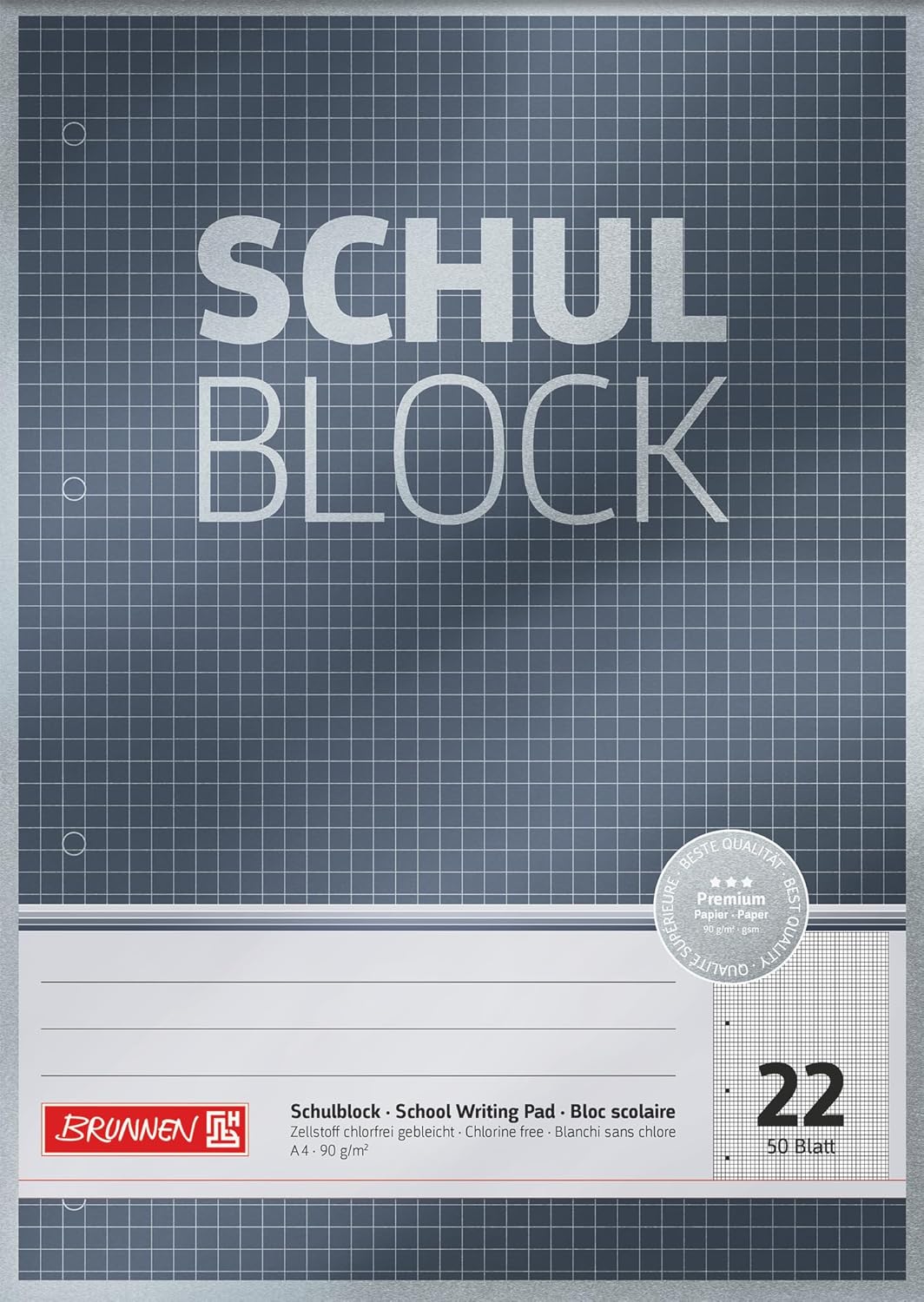 Schulblock Premium | A4, Lineatur 22, 50 Blatt, grau