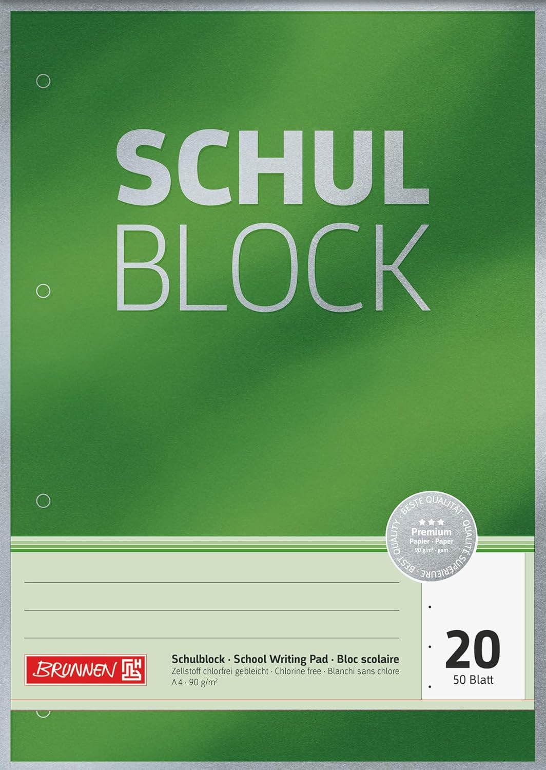 Schulblock Premium | A4, Lineatur 20, 50 Blatt, grün