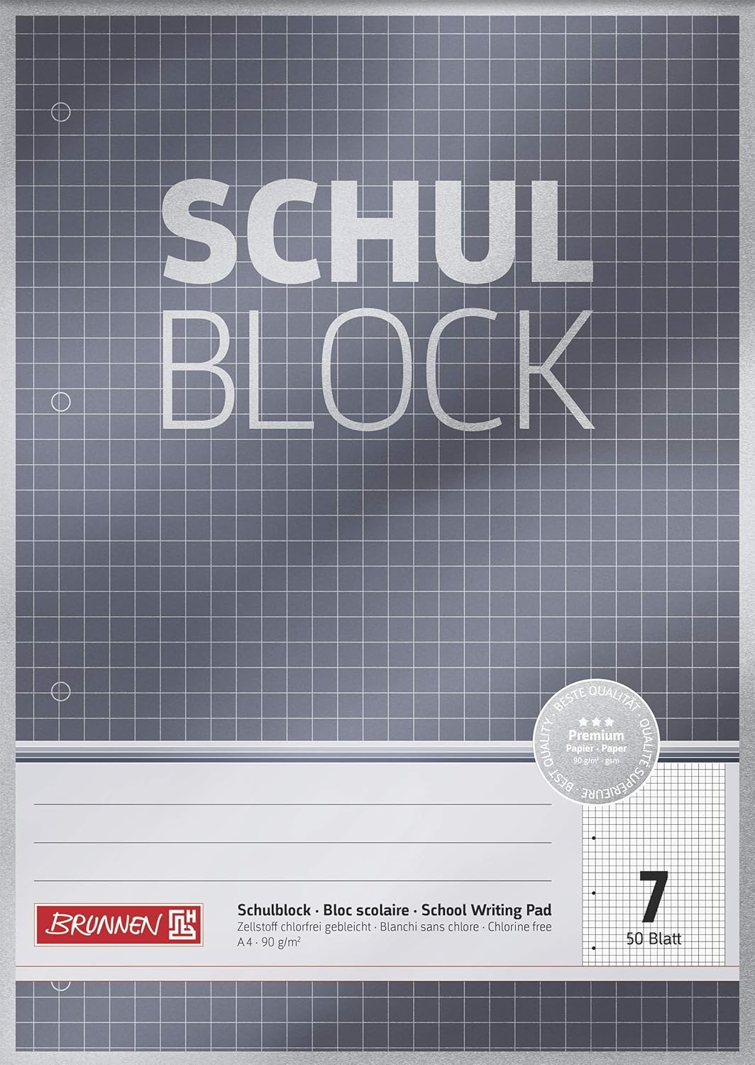 Schulblock Premium | A4, Lineatur 7, 50 Blatt, grau