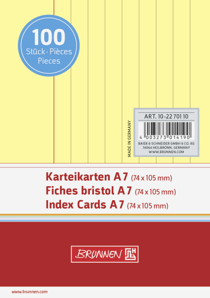 Brunnen Karteikarten A7 liniert, 6 mm Zeilenabstand, rote Kopflinie, graue Querlinien gelb