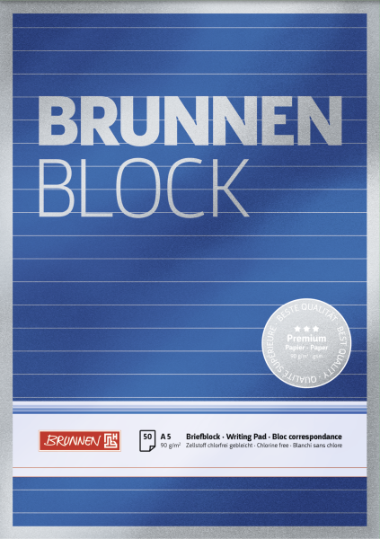 Brunnen Briefblock Premium „BRUNNEN-Block“, A5, 50 Blatt / 100 Seiten, liniert, blau