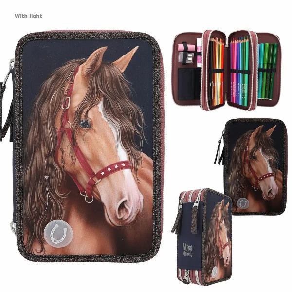 Depesche Miss Melody Federtasche LED GLITTER HORSE 3-Fach gefüllt dunkelblau