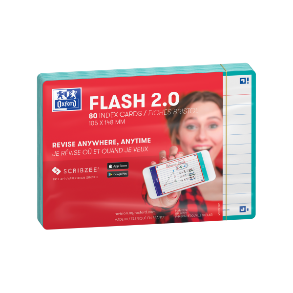 Oxford FLASH 2.0 Karteikarten, liniert mit mintfarbenem Rahmen, 10,5 x 14,8 cm, Packung mit 80 Stück