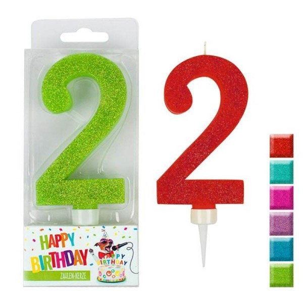 BIRTHDAY FUN ZAHLENKERZE 2 GLITTER MAXI, 6-FACH SORTIERT