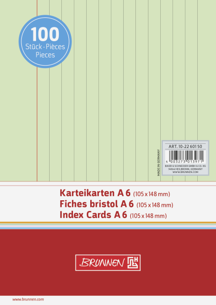 Brunnen Karteikarten A6 liniert, 6 mm Zeilenabstand, rote Kopflinie, graue Querlinien grün