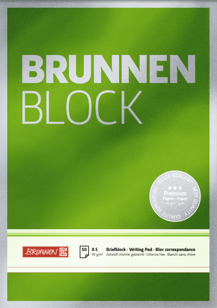 Brunnen Briefblock Premium „BRUNNEN-Block“, A5, 50 Blatt / 100 Seiten, Lineatur 6, grün