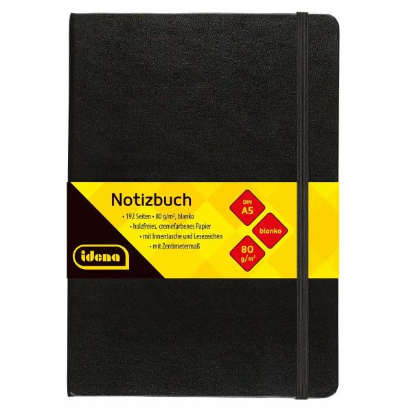 Idena Notizbuch mit Gummiband 80g/m² blanko schwarz DIN A5 192 Seiten